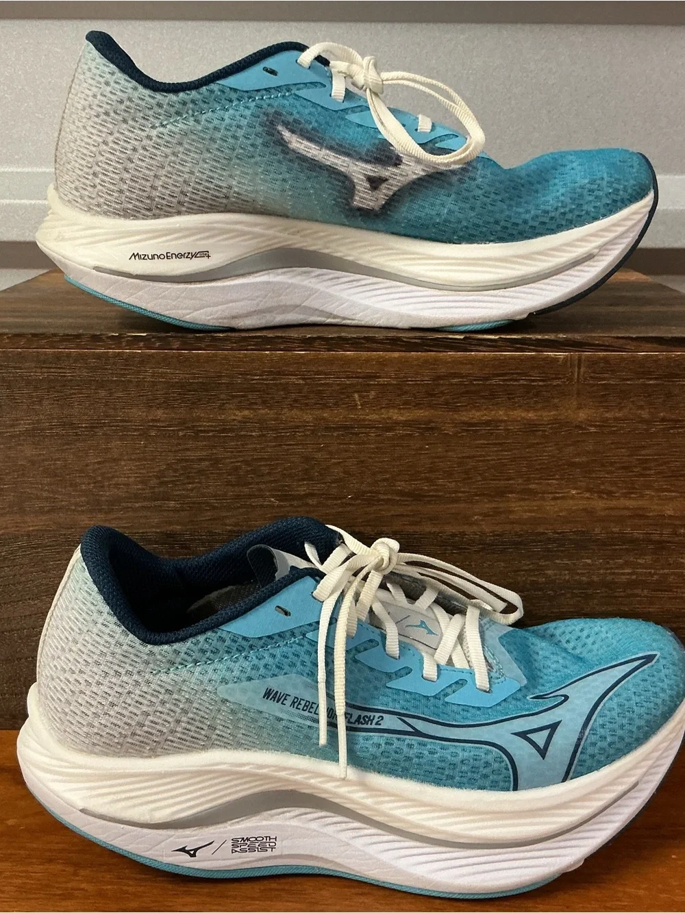 Mizuno Women Wave Rebellion Flash 2 Blue Mesh Running Shoe J1GD243571 Size 7.5